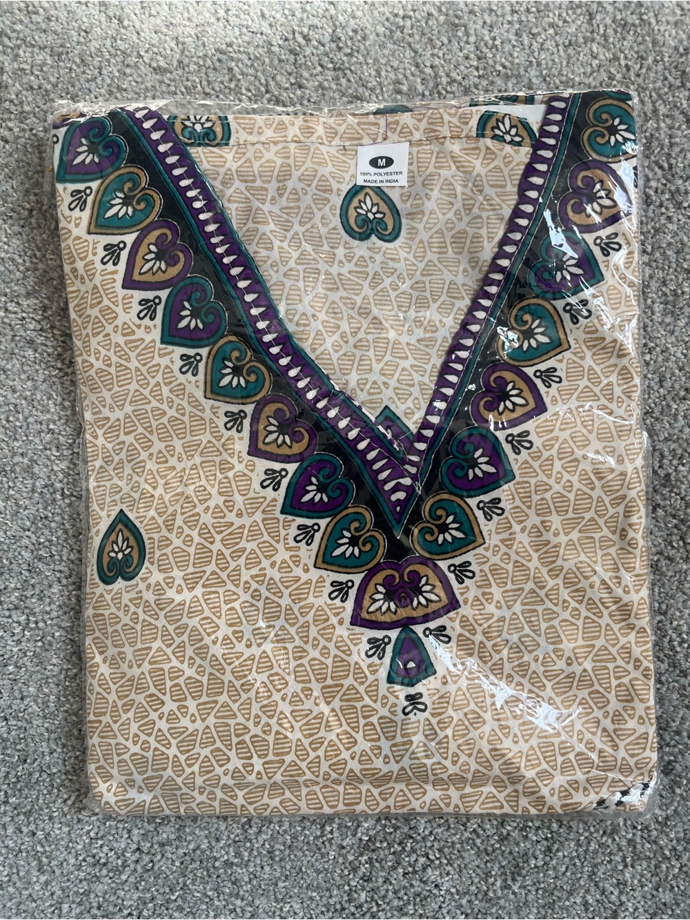 BRAND NEW, Women’s Beige V-Neck Kaftan with Teal/Purple Accents, Size M